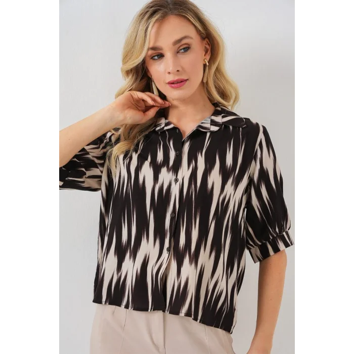 Desenli Kısa Kol Crop Gömlek 20337 - Siyah