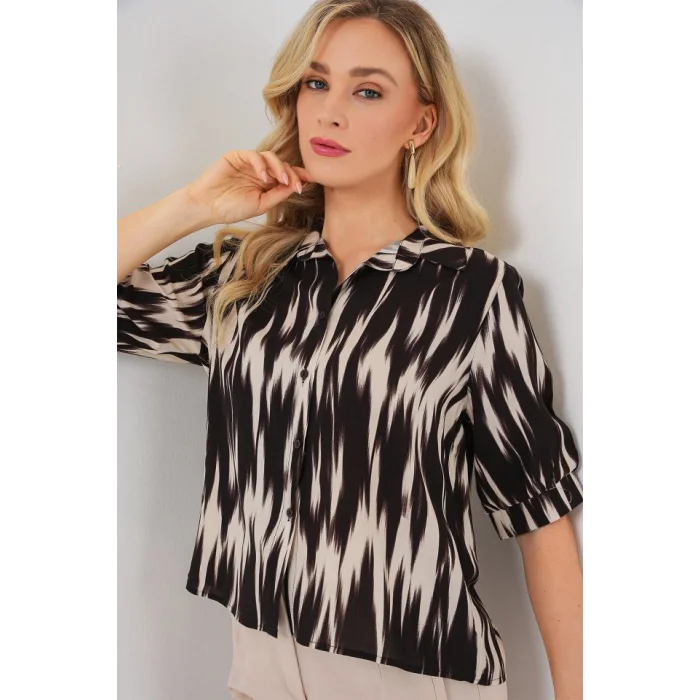 Desenli Kısa Kol Crop Gömlek 20337 - Siyah