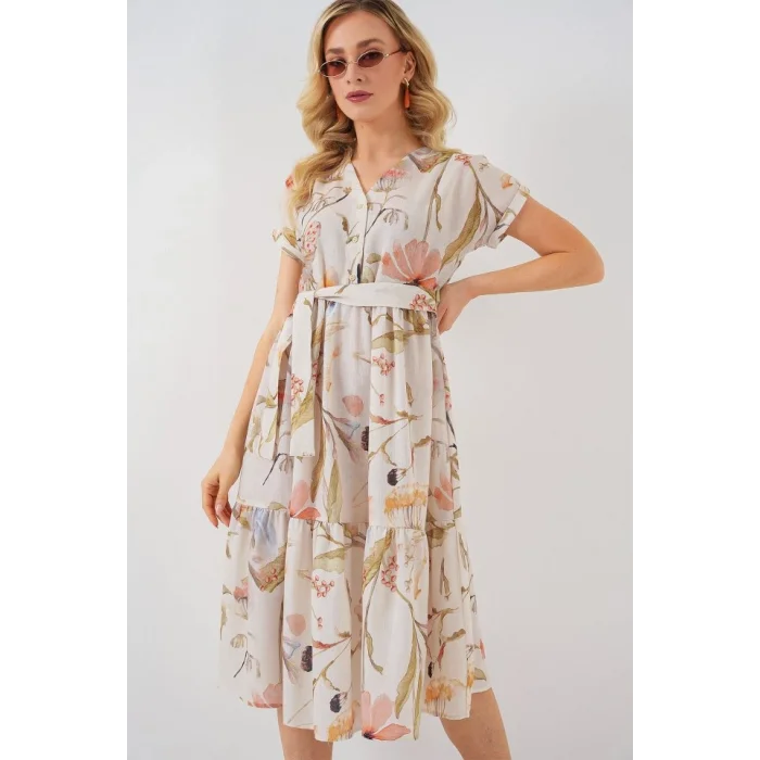 Desenli Kısa Kol Elbise 2558 - Krem