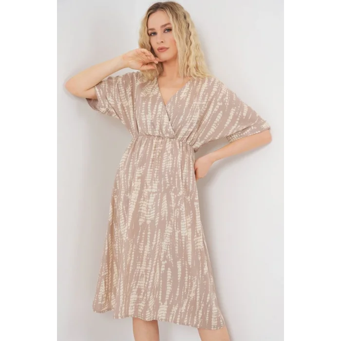 Desenli Kısa Kol Elbise 2569 - Bej