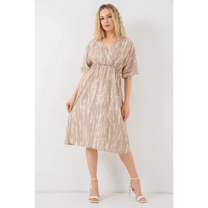 Desenli Kısa Kol Elbise 2569 - Bej