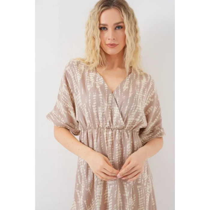 Desenli Kısa Kol Elbise 2569 - Bej