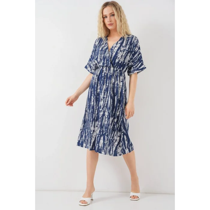 Desenli Kısa Kol Elbise 2569 - Lacivert