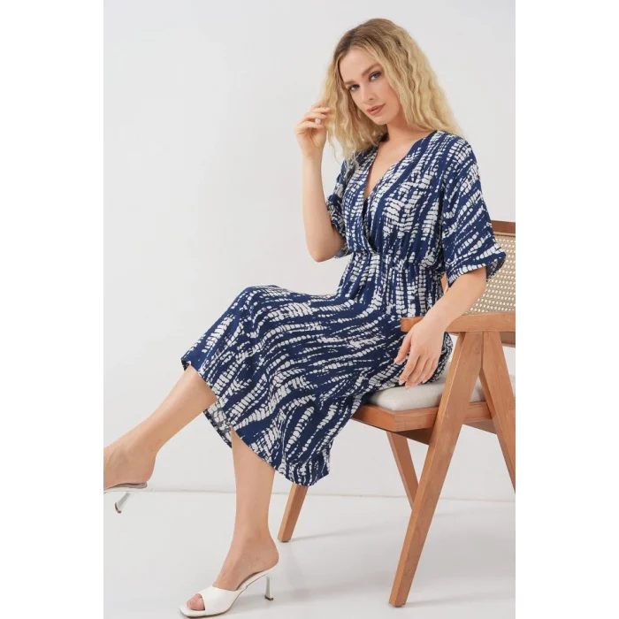 Desenli Kısa Kol Elbise 2569 - Lacivert
