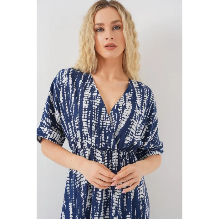 Desenli Kısa Kol Elbise 2569 - Lacivert
