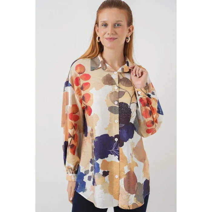 Desenli Overize Gömlek Tunik 5971 - Lacivert