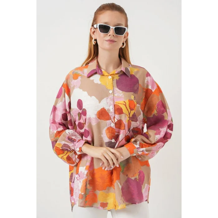 Desenli Overize Gömlek Tunik 5971 - Turuncu