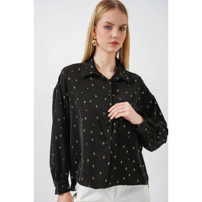 Desenli Oversize Gömlek 20361 - Siyah