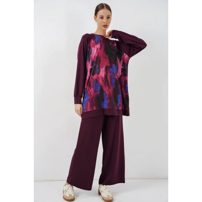 Desenli Oversize Tunik Pantolon İkili Takım 55462 - Mor