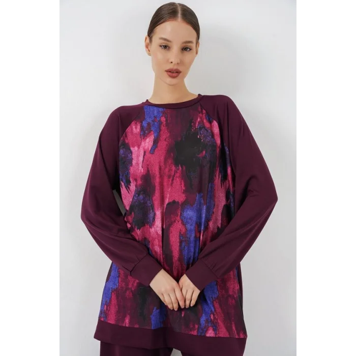 Desenli Oversize Tunik Pantolon İkili Takım 55462 - Mor