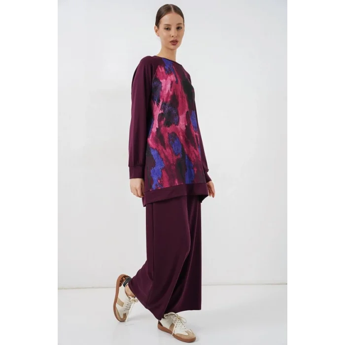 Desenli Oversize Tunik Pantolon İkili Takım 55462 - Mor