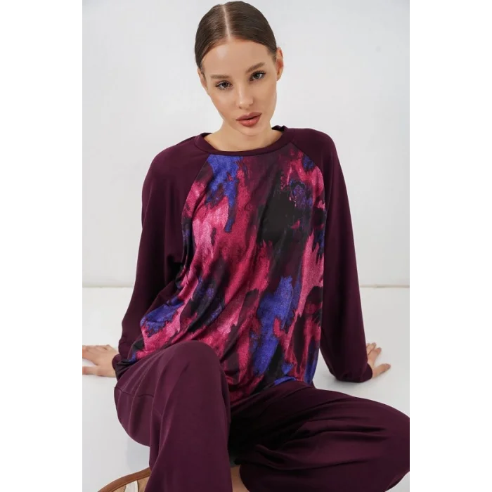 Desenli Oversize Tunik Pantolon İkili Takım 55462 - Mor
