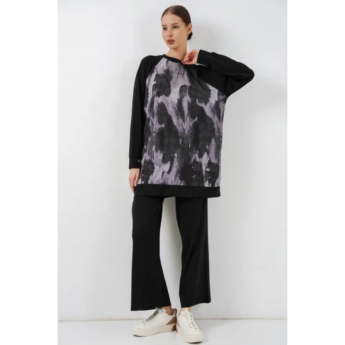 Desenli Oversize Tunik Pantolon İkili Takım 55462 - Siyah