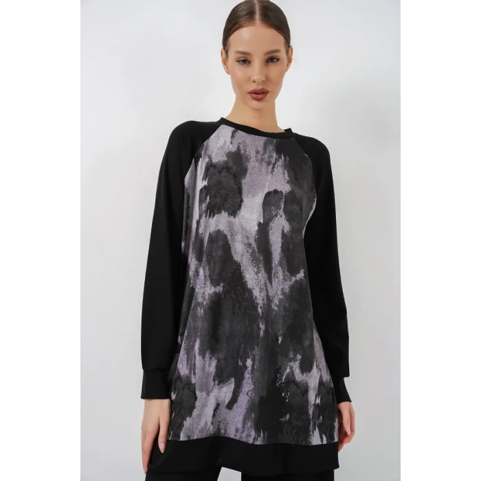 Desenli Oversize Tunik Pantolon İkili Takım 55462 - Siyah