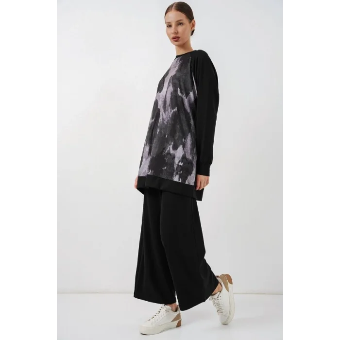 Desenli Oversize Tunik Pantolon İkili Takım 55462 - Siyah