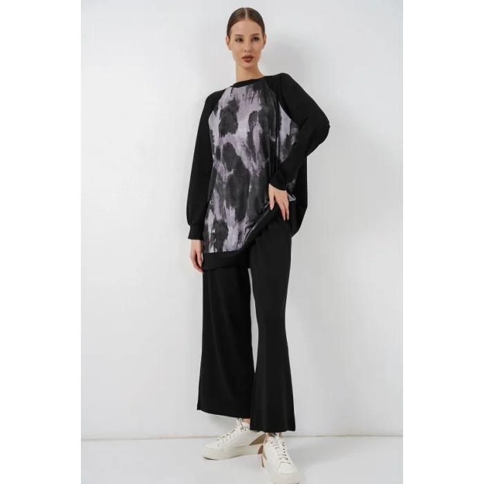 Desenli Oversize Tunik Pantolon İkili Takım 55462 - Siyah