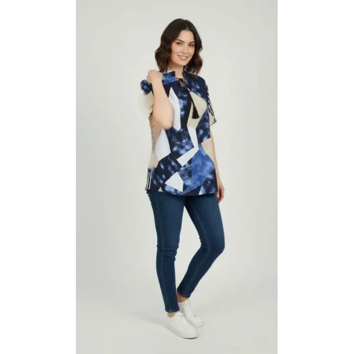 Desenli Püsküllü Viskon Bluz Bebe Yaka Kısa Kollu Big Size Rahat Kesim - Desenli