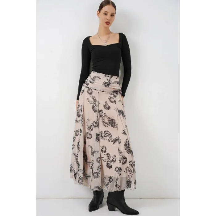 Desenli Şifon Etek 8057 - Krem