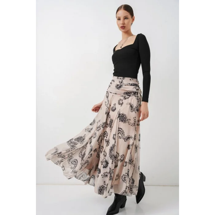 Desenli Şifon Etek 8057 - Krem