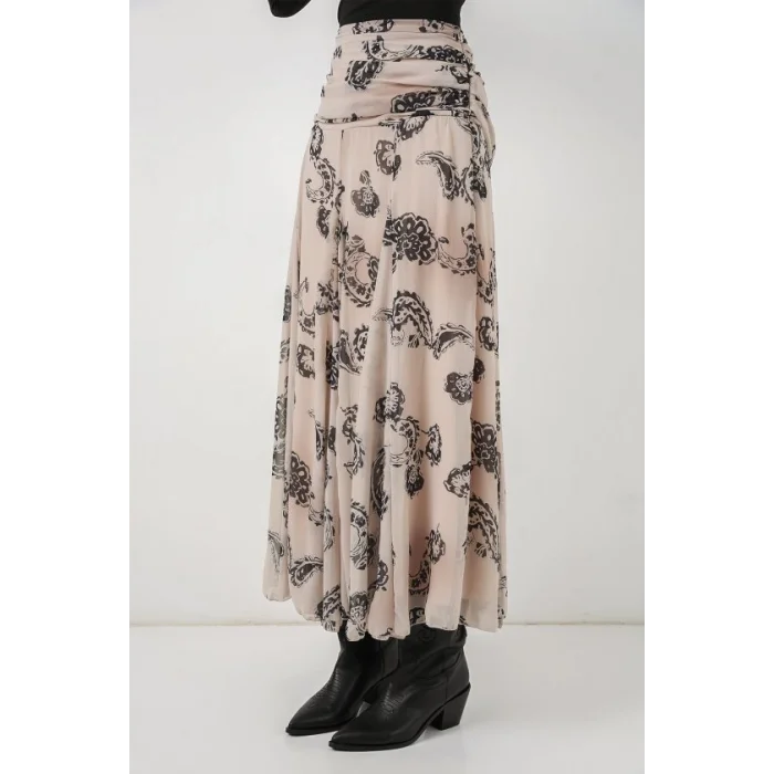 Desenli Şifon Etek 8057 - Krem