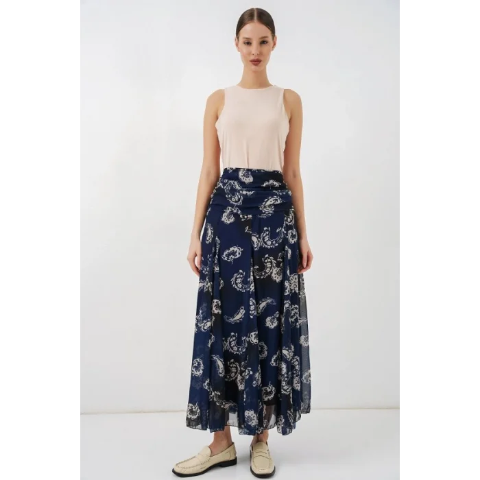 Desenli Şifon Etek 8057 - Lacivert