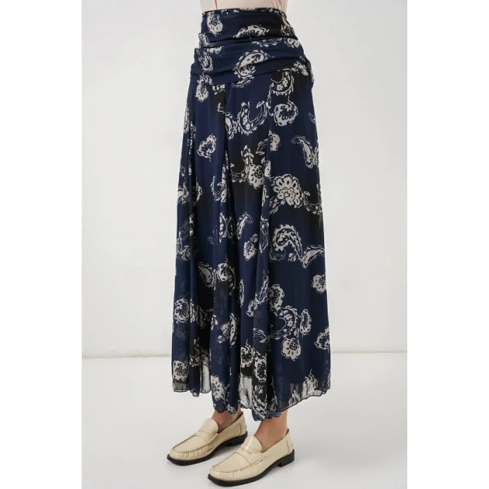 Desenli Şifon Etek 8057 - Lacivert