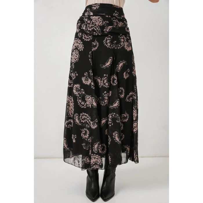 Desenli Şifon Etek 8057 - Siyah