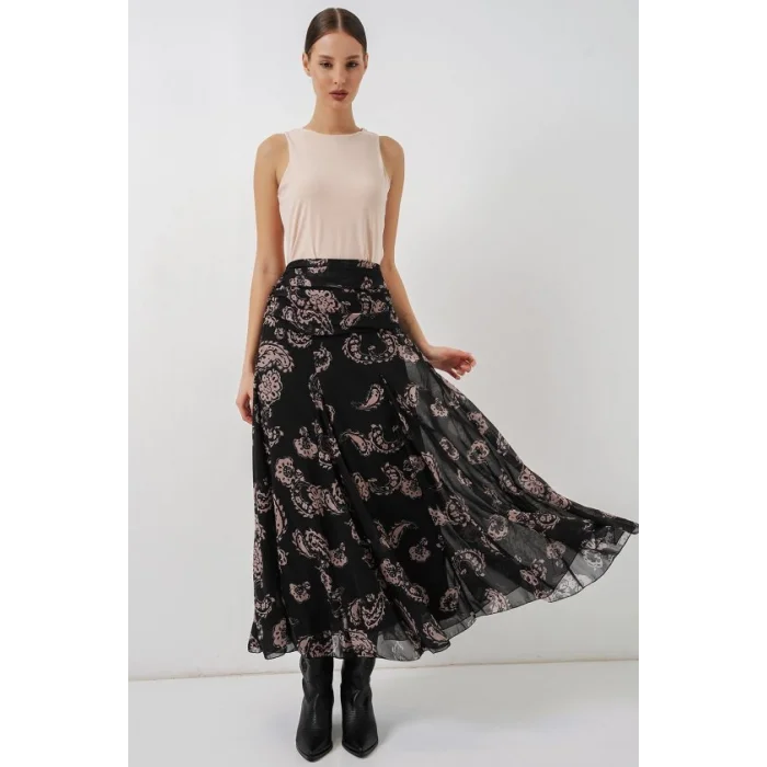 Desenli Şifon Etek 8057 - Siyah