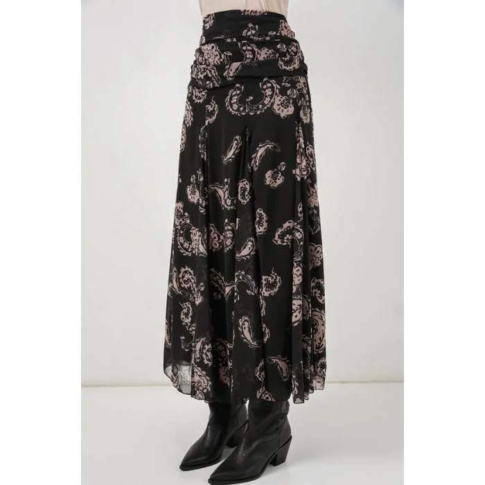 Desenli Şifon Etek 8057 - Siyah