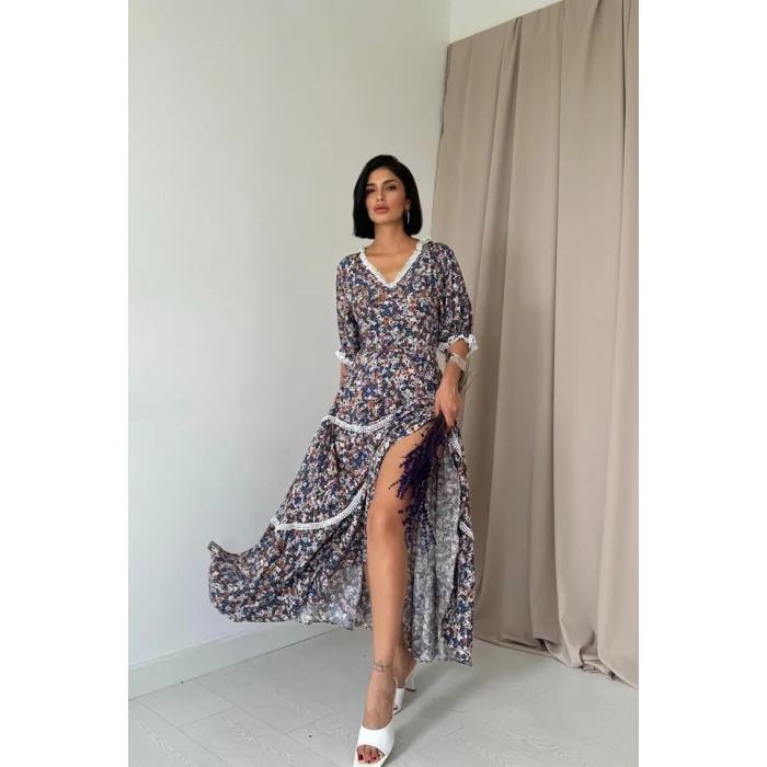 Desenli Sırtı Dekolteli Brode Elbise