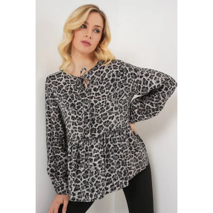 Desenli Uzun Kol Bluz 970 - Antrasit