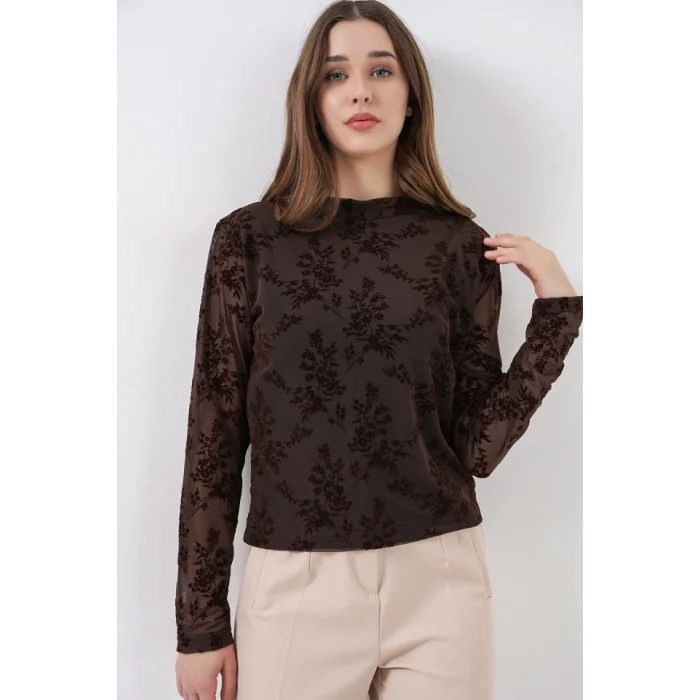 Desenli Uzun Kol Bluz 983 - Kahverengi