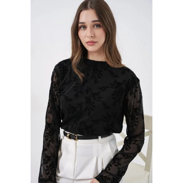 Desenli Uzun Kol Bluz 983 - Siyah