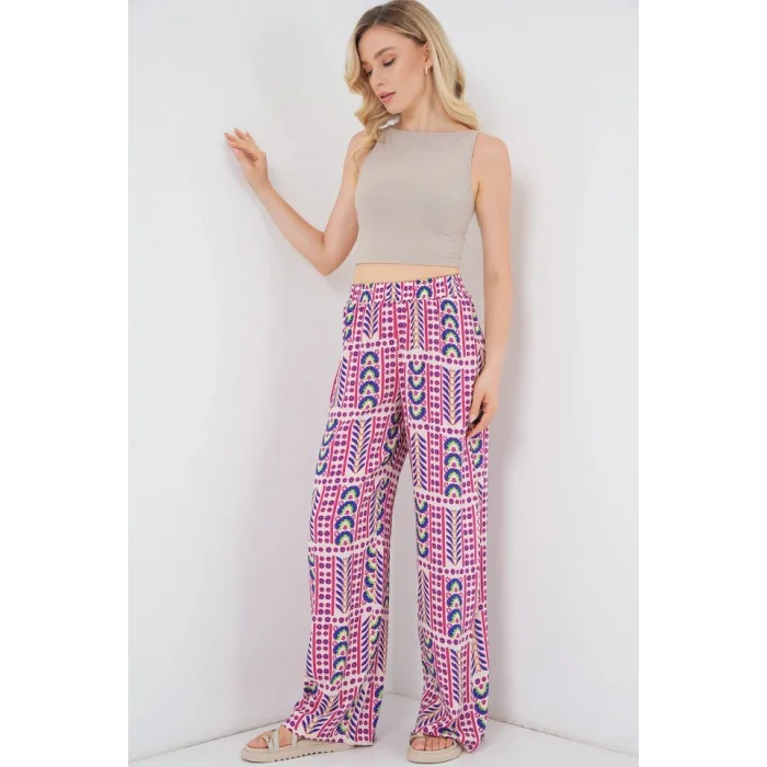 Desenli Viskon Pantolon 6749 - Fuşya
