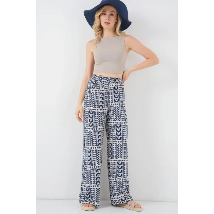 Desenli Viskon Pantolon 6749 - Krem