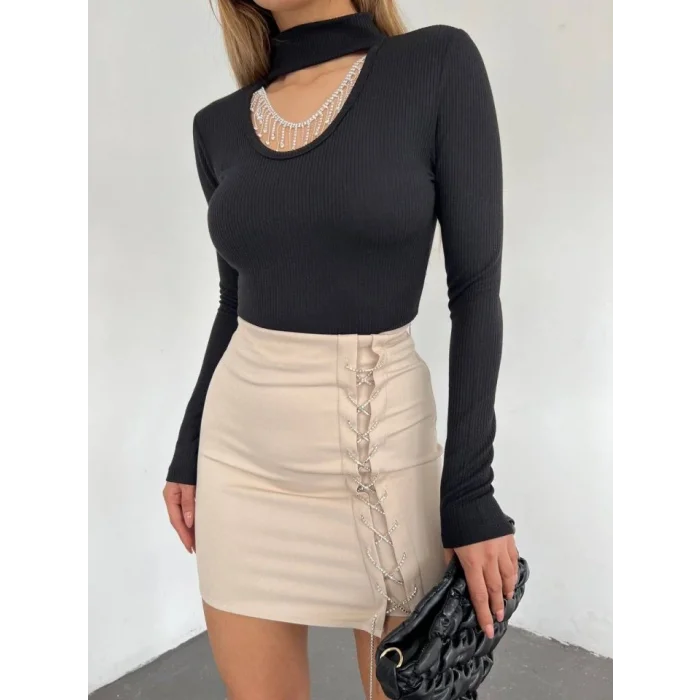 Dik Yaka Taş Detaylı Uzun Kol Bluz -Siyah