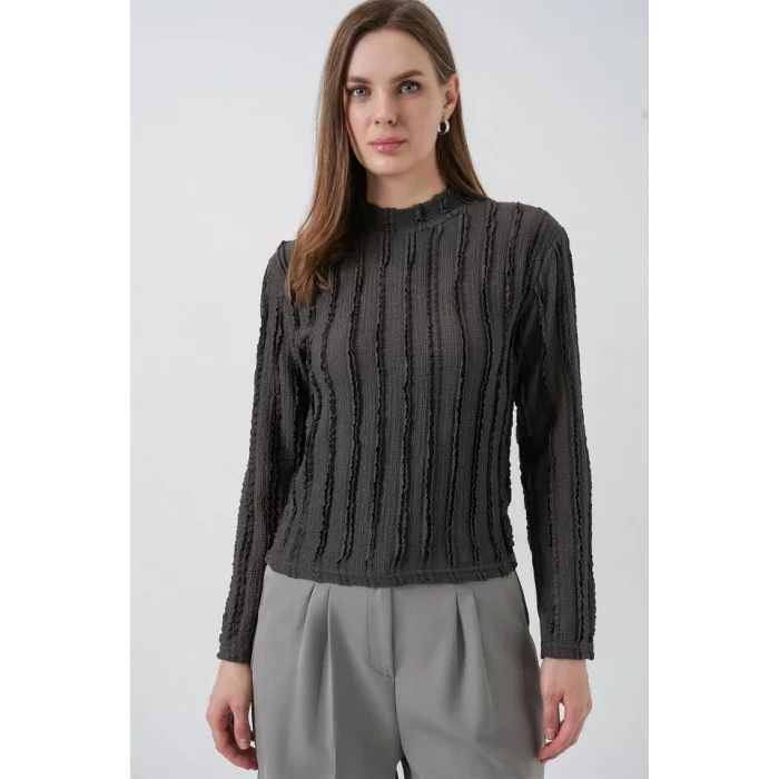 Dokulu Esnek Örme Bluz 975 - Antrasit
