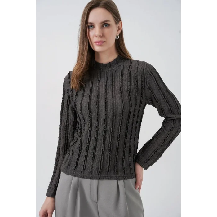 Dokulu Esnek Örme Bluz 975 - Antrasit