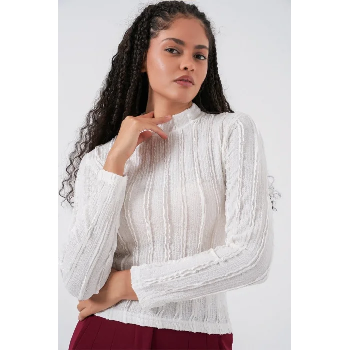 Dokulu Esnek Örme Bluz 975 - Beyaz