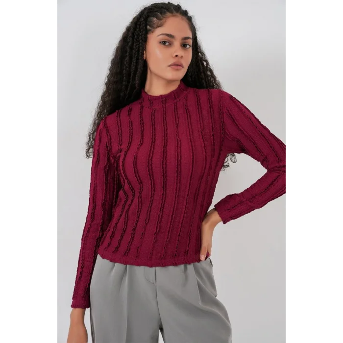 Dokulu Esnek Örme Bluz 975 - Bordo