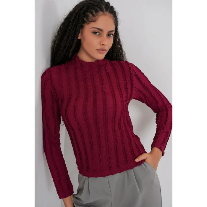 Dokulu Esnek Örme Bluz 975 - Bordo