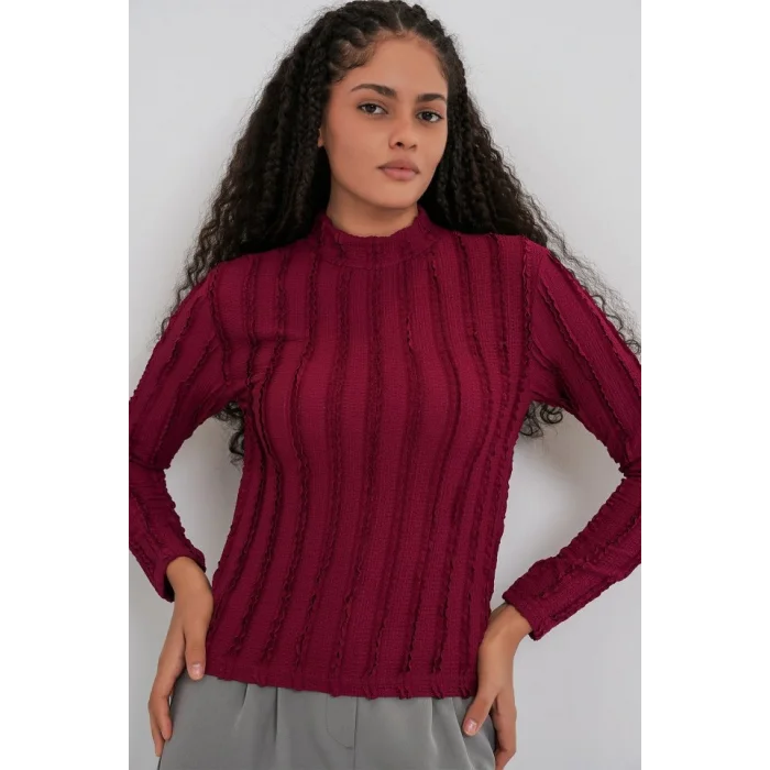 Dokulu Esnek Örme Bluz 975 - Bordo