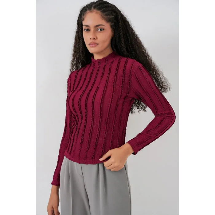 Dokulu Esnek Örme Bluz 975 - Bordo