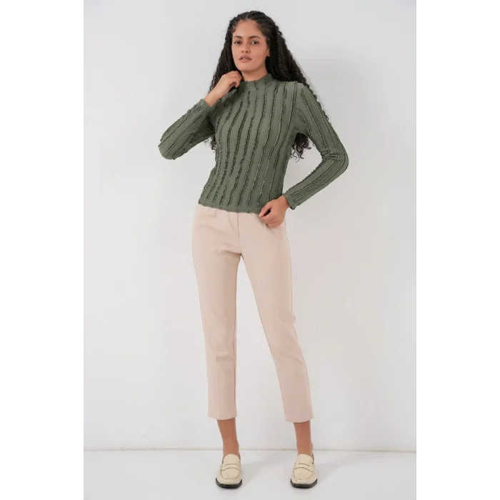 Dokulu Esnek Örme Bluz 975 - Haki