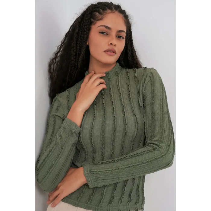 Dokulu Esnek Örme Bluz 975 - Haki