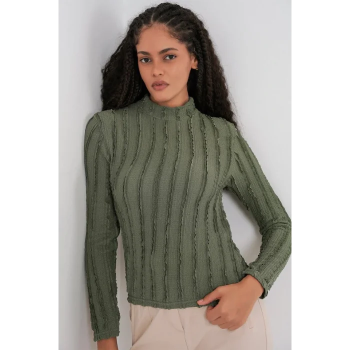 Dokulu Esnek Örme Bluz 975 - Haki