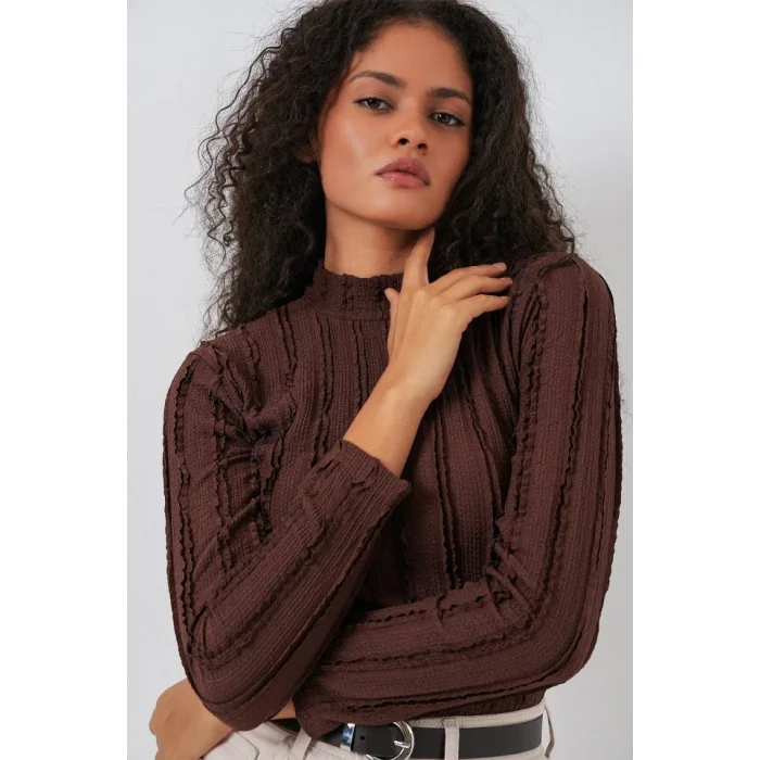 Dokulu Esnek Örme Bluz 975 - Kahverengi