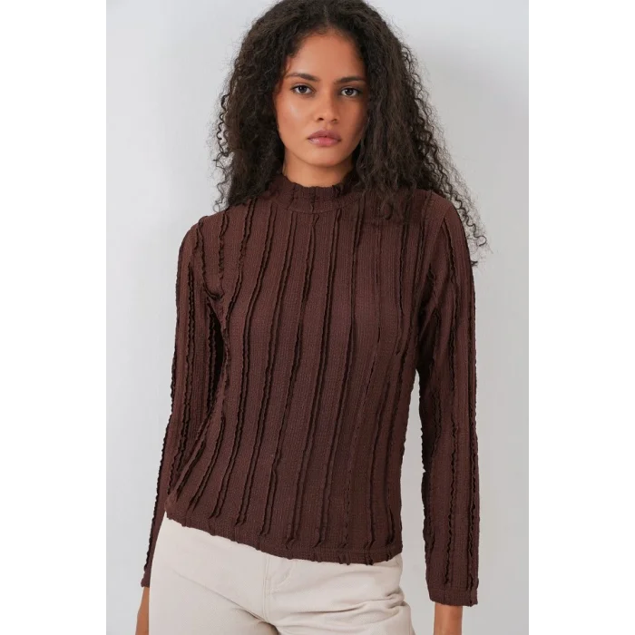 Dokulu Esnek Örme Bluz 975 - Kahverengi
