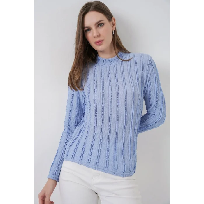 Dokulu Esnek Örme Bluz 975 - Mavi
