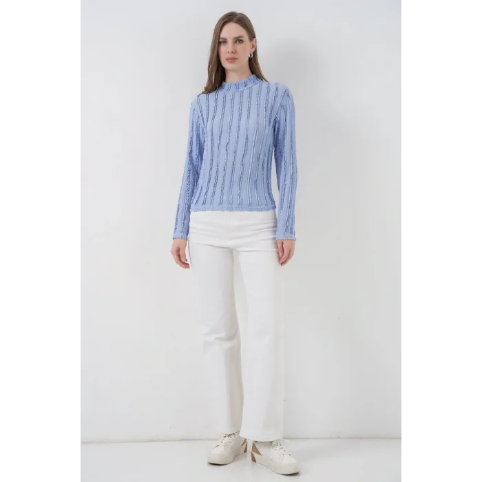 Dokulu Esnek Örme Bluz 975 - Mavi